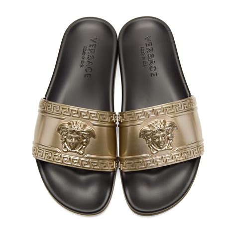 gold metallic versace slides|Versace slides for sale.